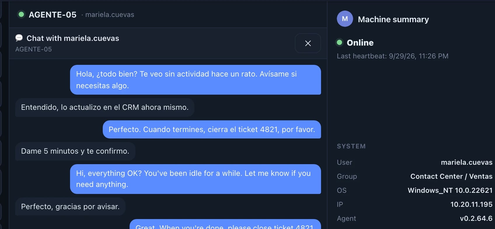 Chat with an agent: the supervisor's question and the reply, next to the machine summary.