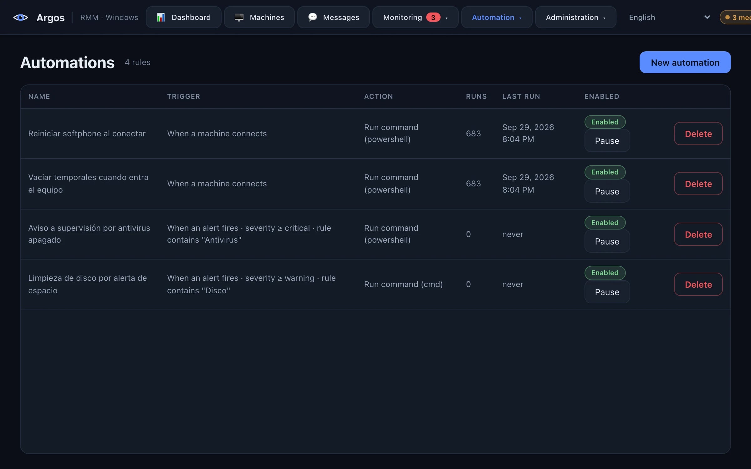 Automations in Argos: rules that run a command when a machine connects or an alert fires.