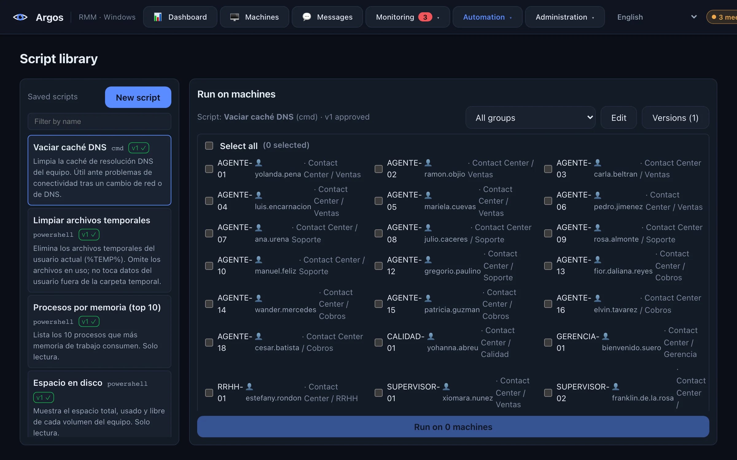Argos script library with a script run on 3 machines and the result from each.