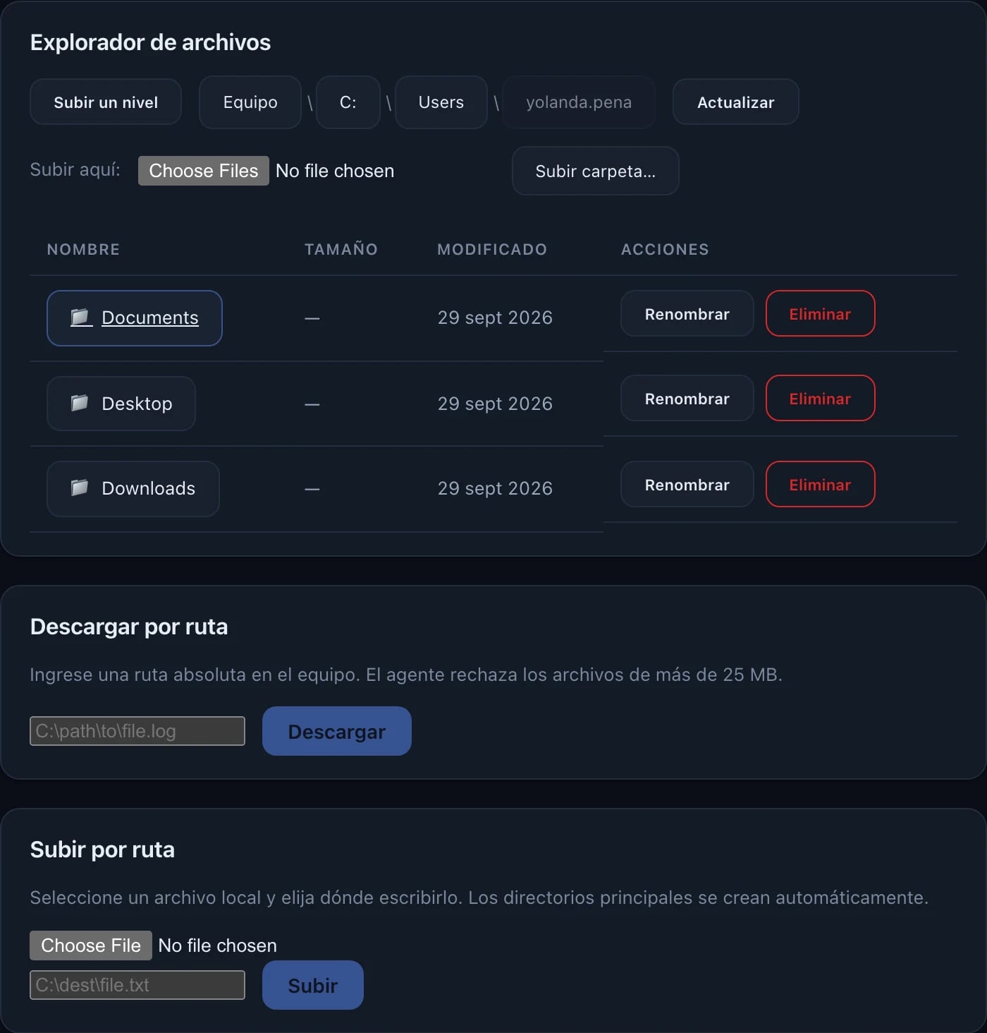 Explorador de archivos con los documentos de un usuario y botones para renombrar o eliminar.