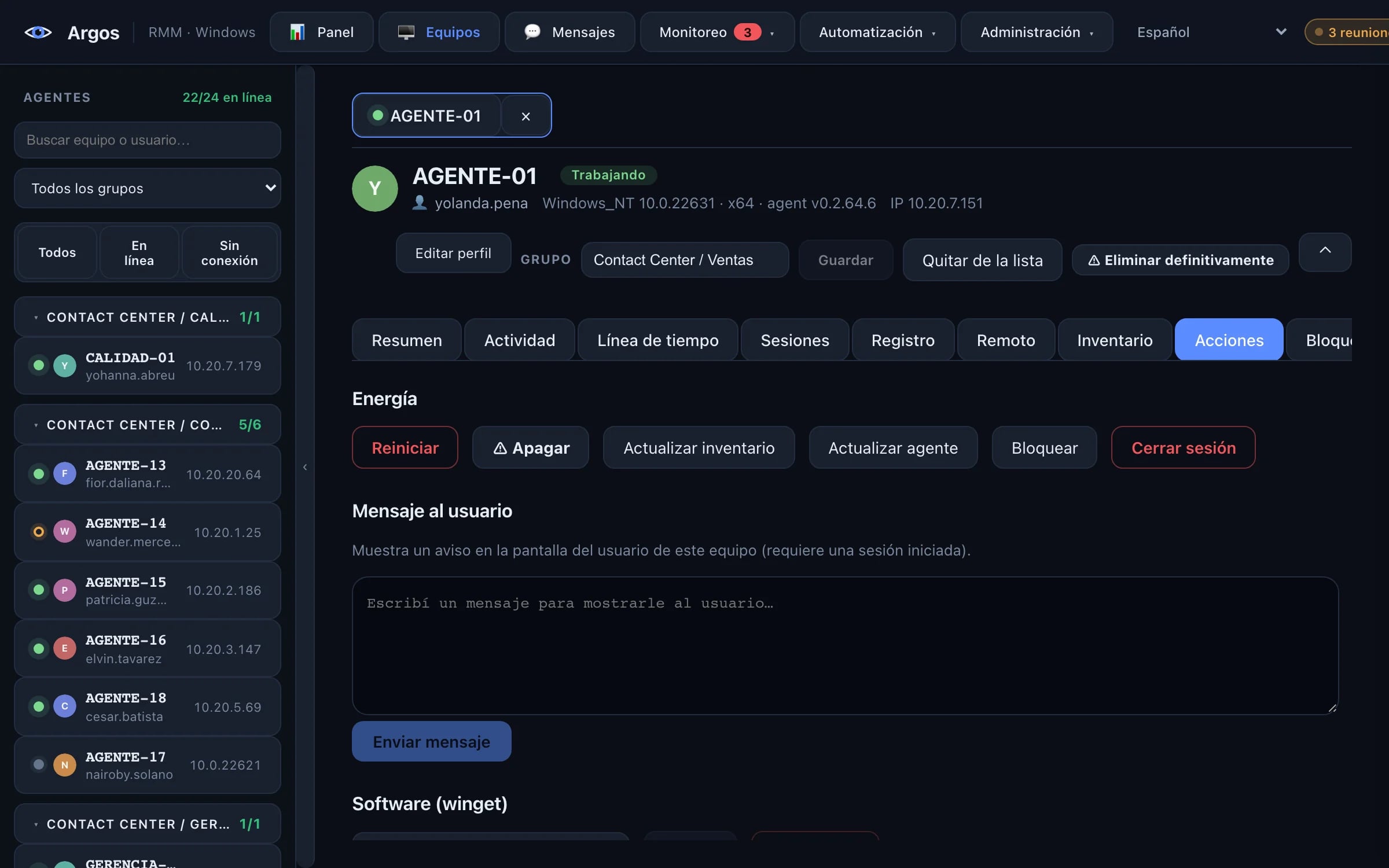 Acciones sobre un equipo en Argos: reiniciar, apagar, bloquear, mensaje al usuario, software y servicios.