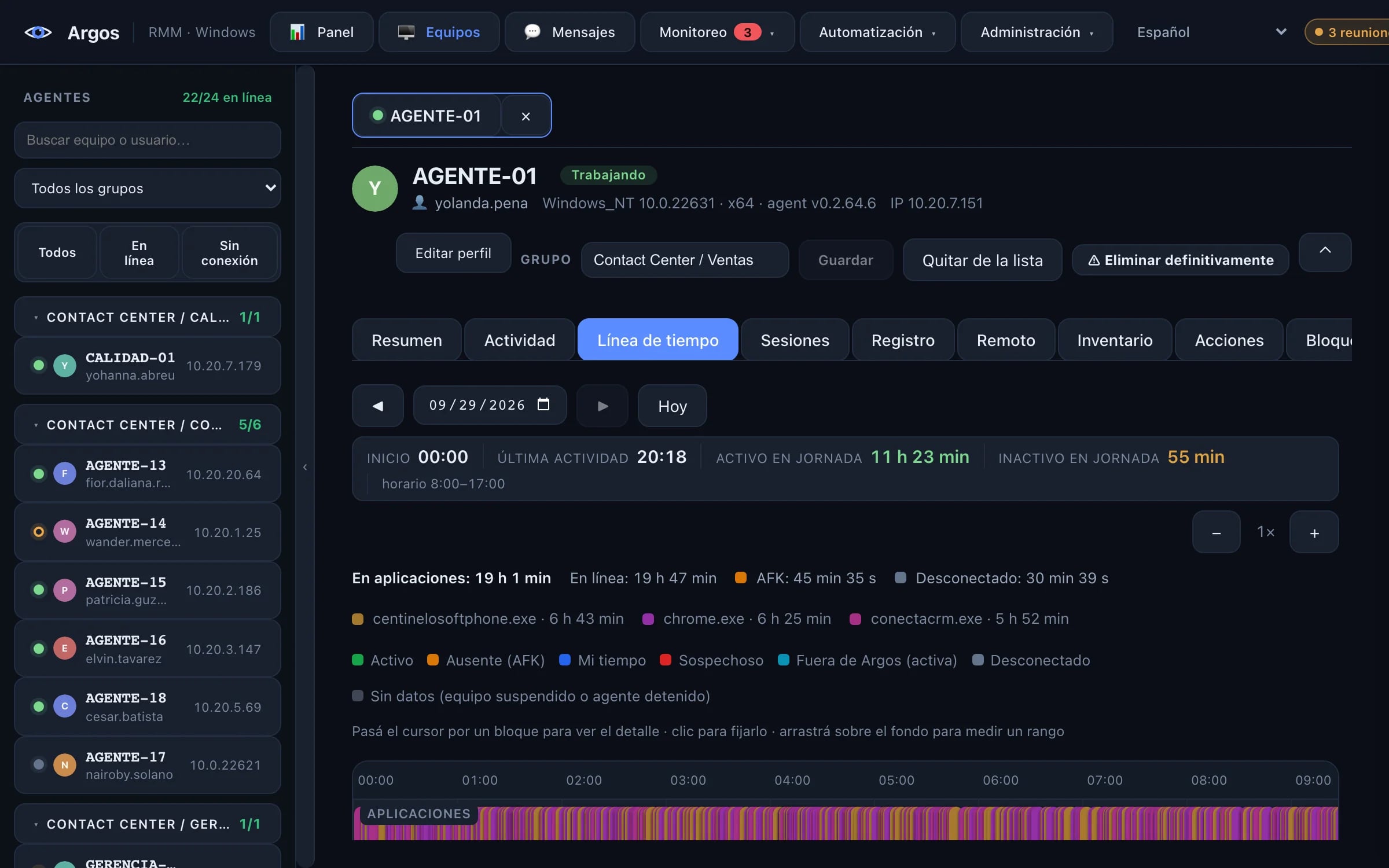 Línea de tiempo de un equipo en Argos con las aplicaciones usadas, la presencia y las ausencias de 8:00 a 17:00.