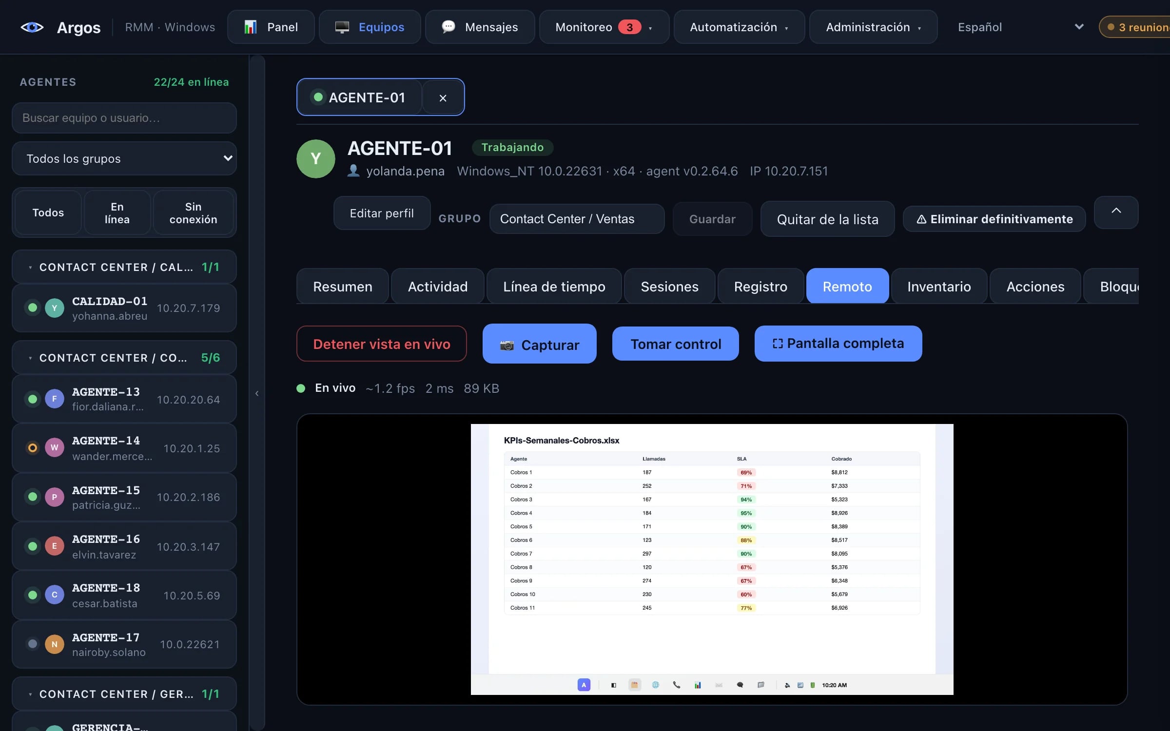 Vista remota en vivo de un equipo en Argos, con los botones para capturar, tomar control y pantalla completa.