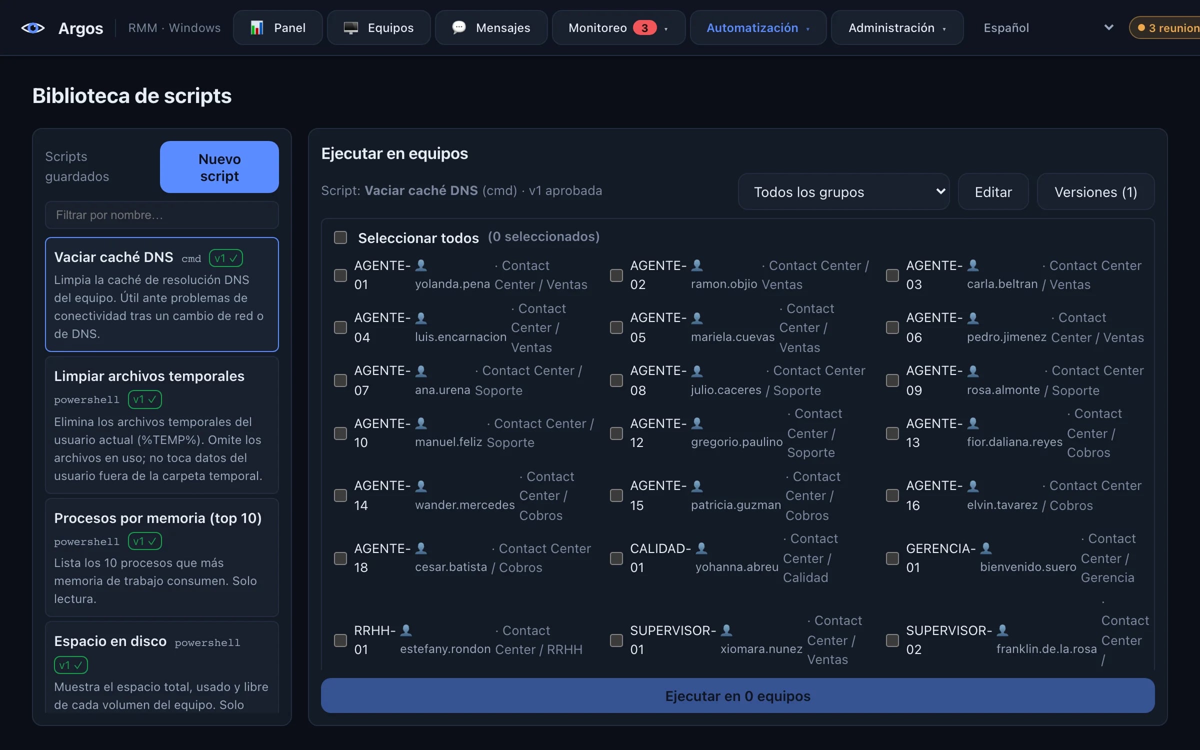 Biblioteca de scripts en Argos con un script ejecutado en 3 equipos y el resultado de cada uno.