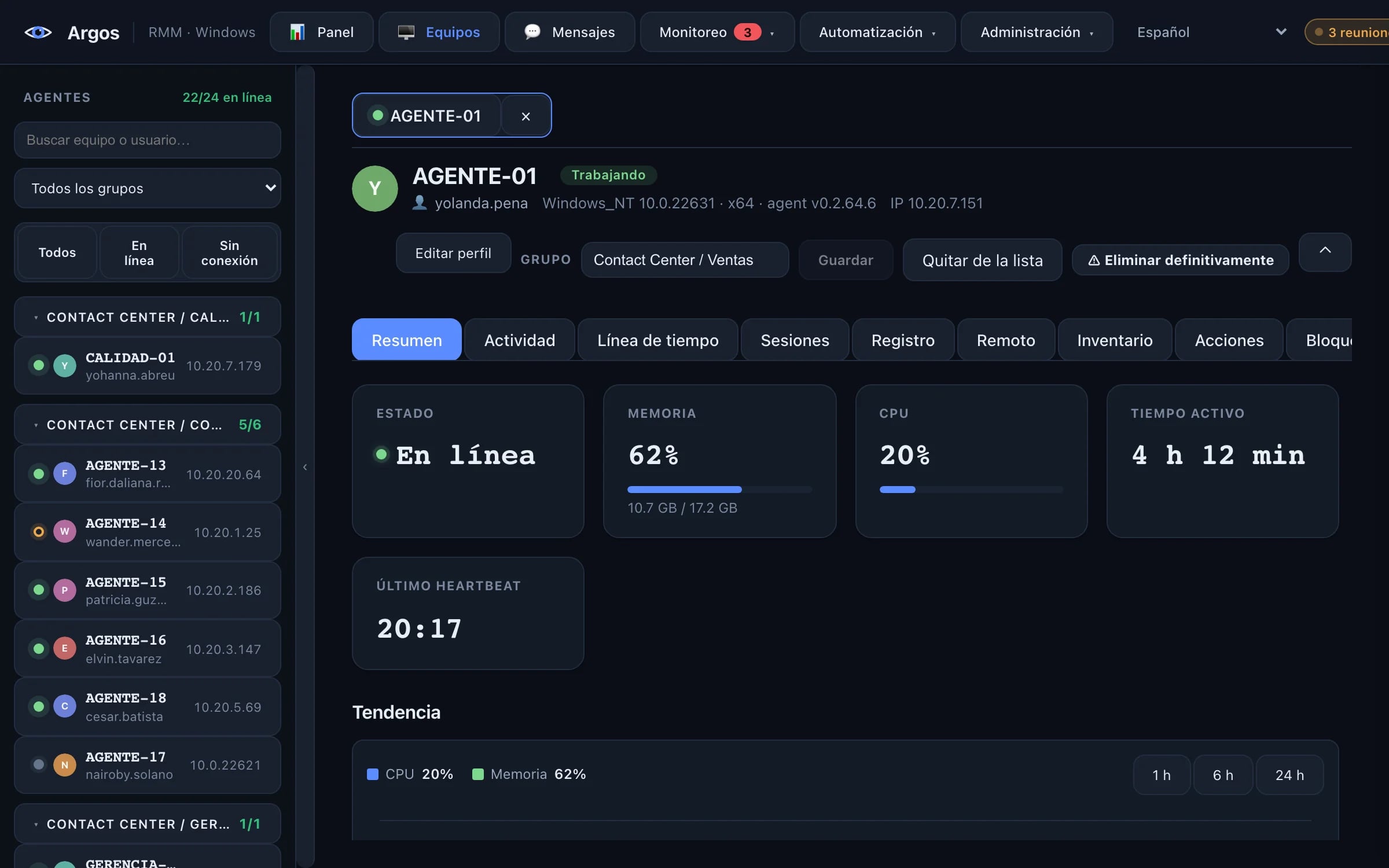 Resumen de un equipo en Argos con memoria, CPU, tendencia y el estado de su antivirus, firewall y cifrado de disco.