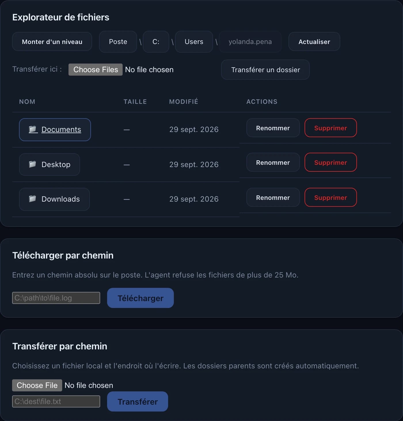 Explorateur de fichiers avec les documents d'un utilisateur et des boutons pour renommer ou supprimer.
