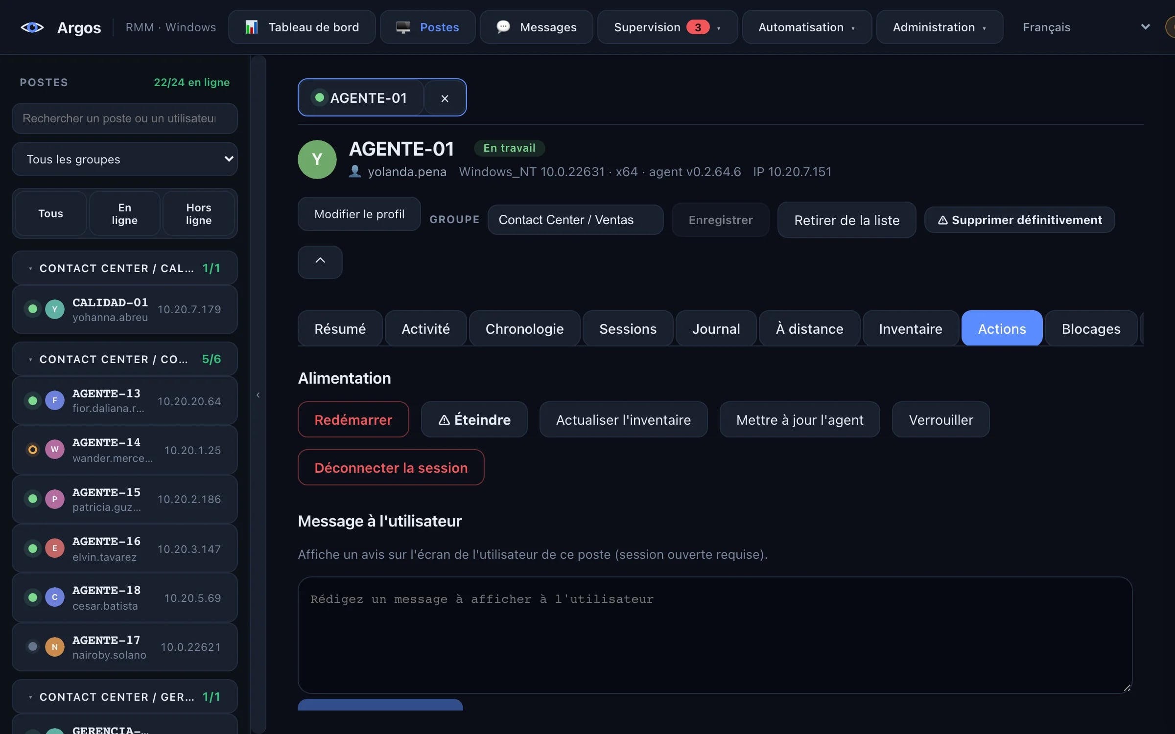Actions sur un poste dans Argos : redémarrer, éteindre, verrouiller, message à l'utilisateur, logiciels et services.