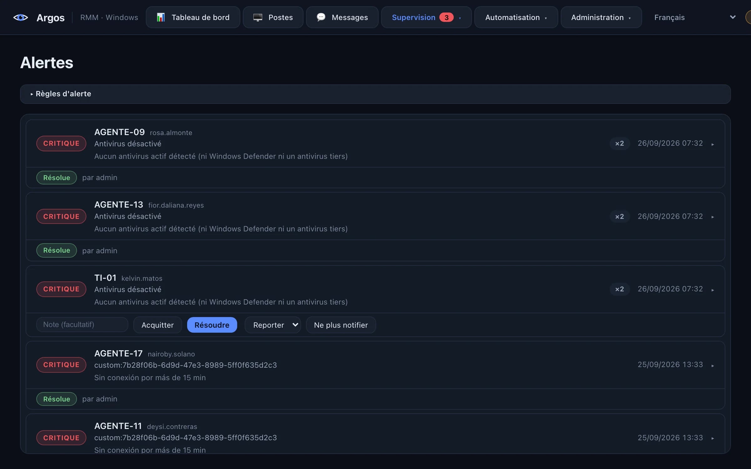 Liste d'alertes critiques et d'avertissements dans Argos, avec des boutons pour prendre en compte, résoudre, reporter ou mettre en sourdine.