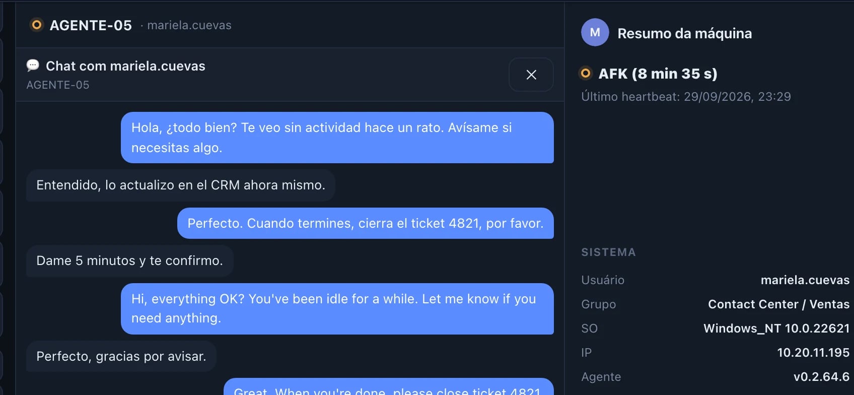Chat com um agente: a pergunta do supervisor e a resposta, ao lado do resumo da máquina.