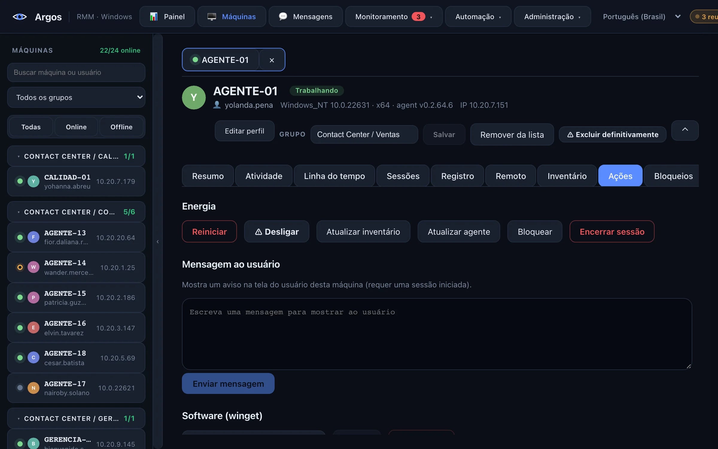Ações sobre uma máquina no Argos: reiniciar, desligar, bloquear, mensagem ao usuário, software e serviços.