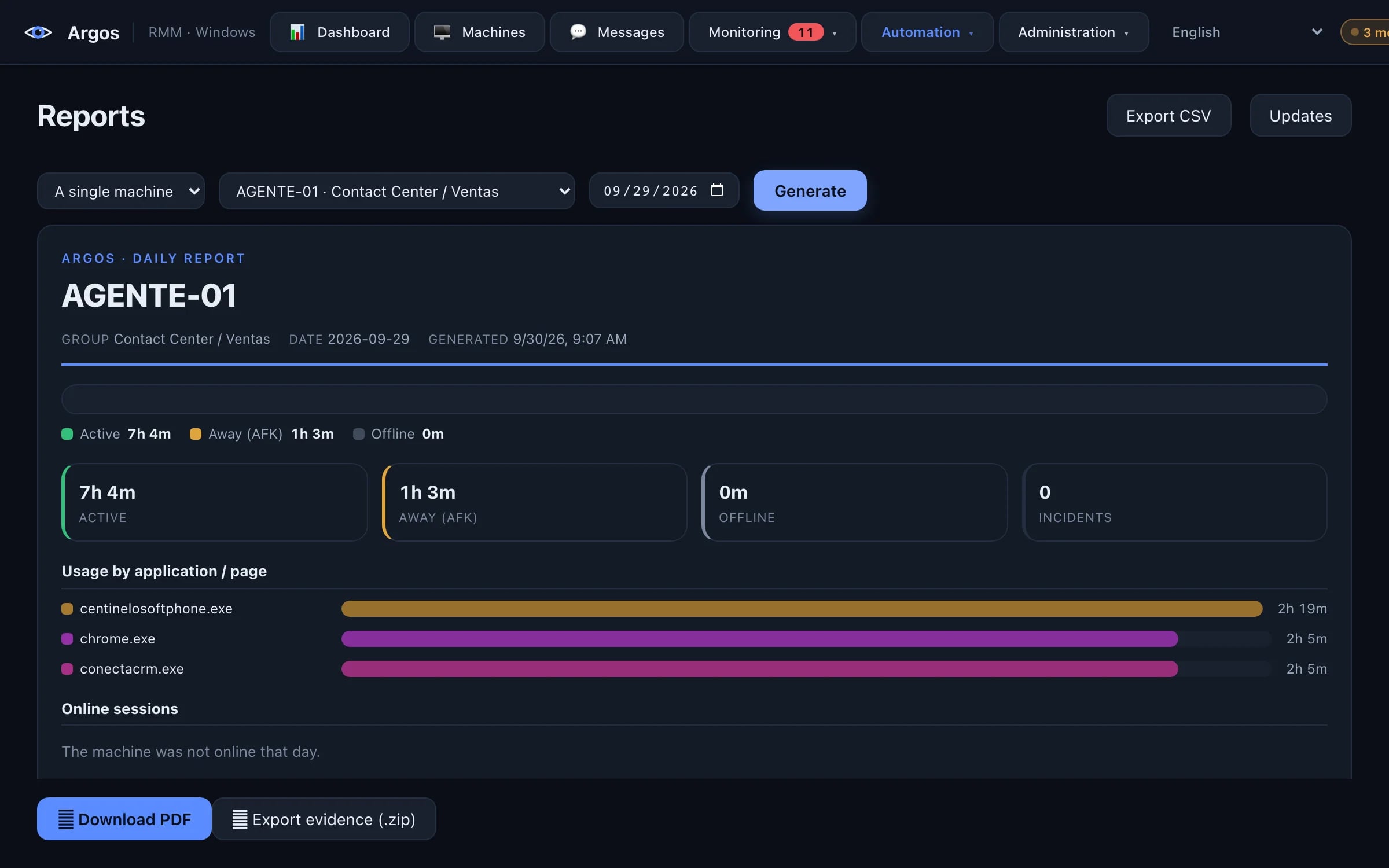 A machine's daily report in Argos with active time, time away and usage per app.