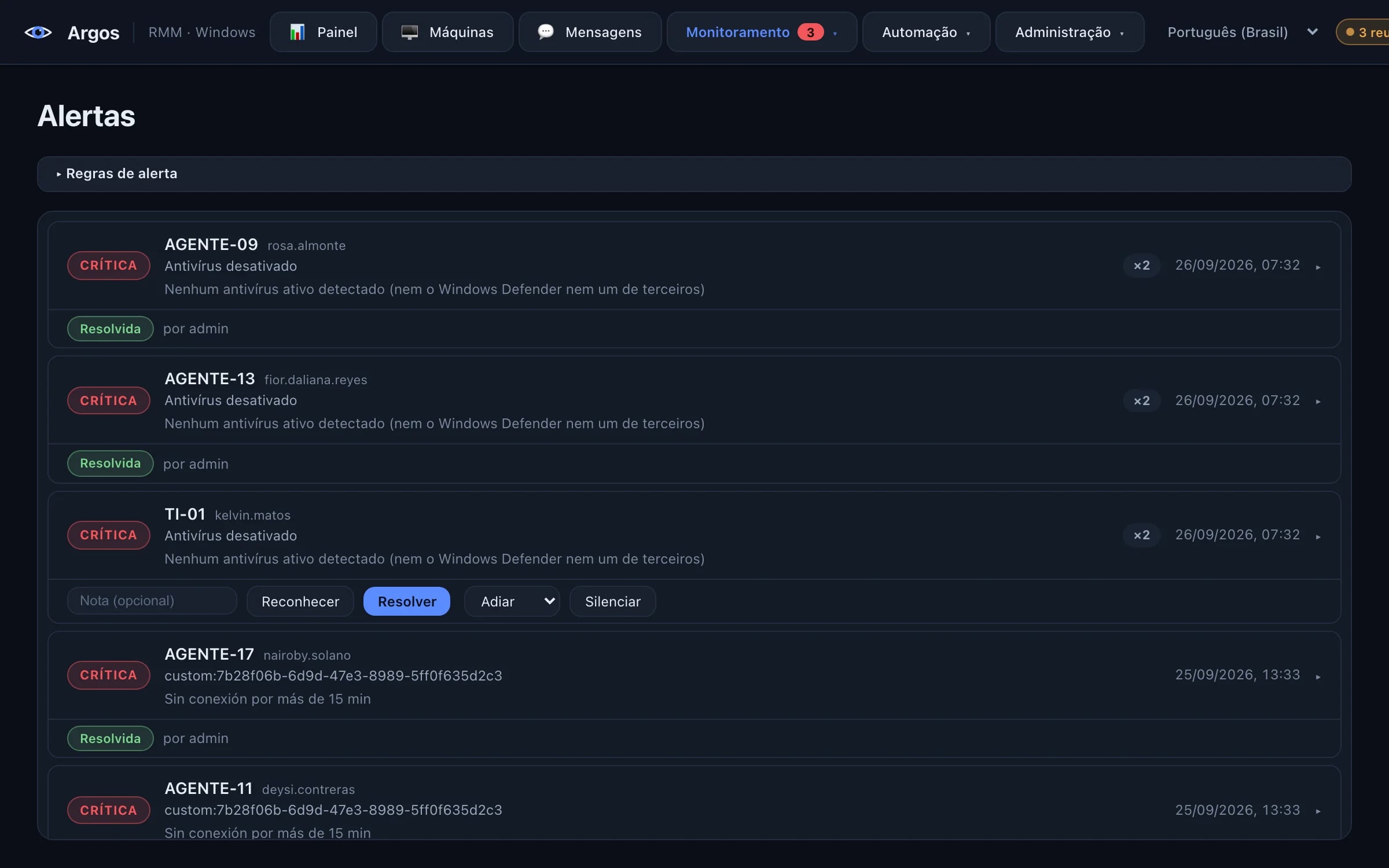 Lista de alertas críticos e de aviso no Argos, com botões para reconhecer, resolver, adiar ou silenciar.