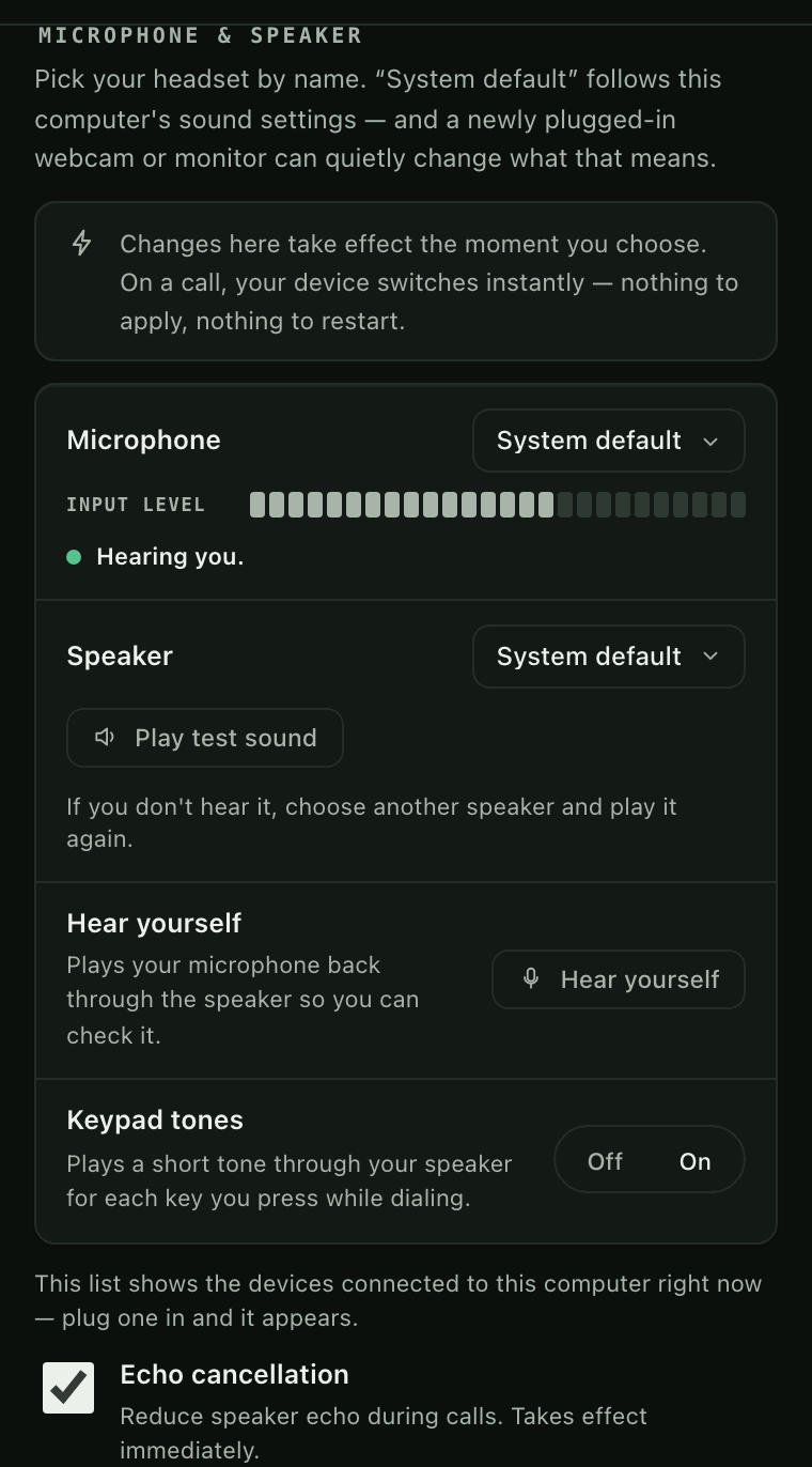 Microphone and speaker settings: a Microphone menu set to System default with a live input level reading Hearing you, a Speaker menu with Play test sound, a Hear yourself button, Keypad tones set to On and Echo cancellation ticked.