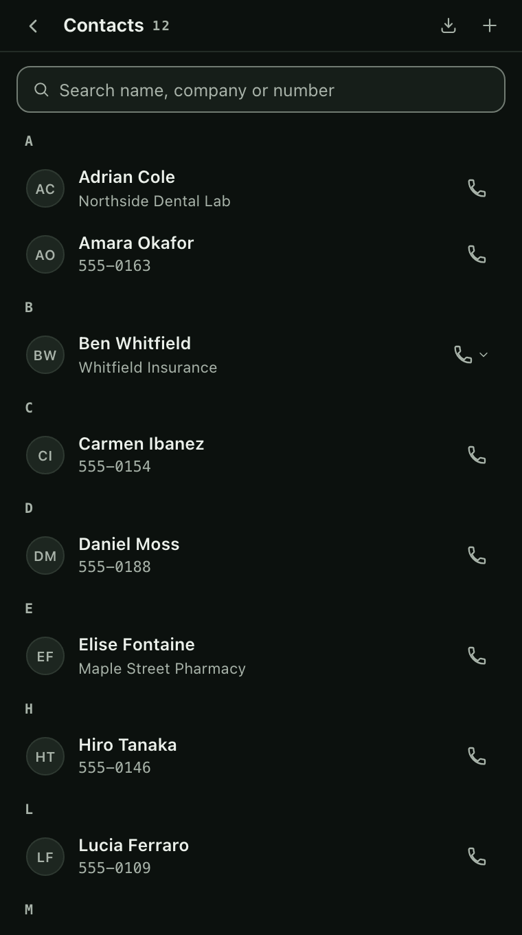 The Contacts screen with 12 made up contacts in alphabetical sections, each with initials, a company or number, and a call button. A search field reads Search name, company or number.