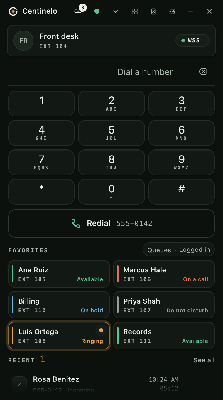 Centinelo Phone between calls: your extension, a voicemail badge, the keypad, a Redial bar with the last number, favorites showing each colleague's state with one of them ringing, and recent calls with contact names.