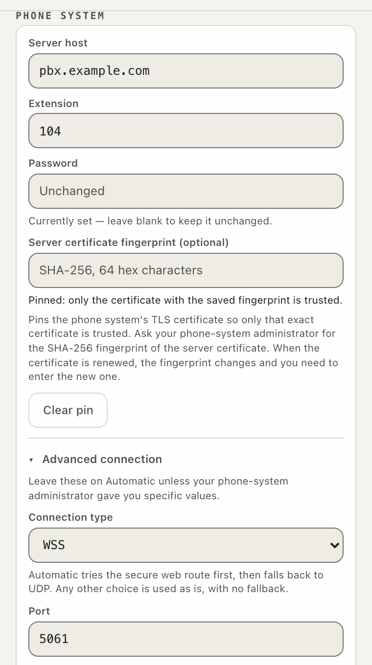 Phone system settings: server host, extension, password, and an optional certificate fingerprint field.