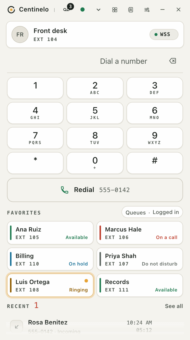 The dialer in the light theme: keypad, the Redial bar, favorites with each person’s state, and recent calls.