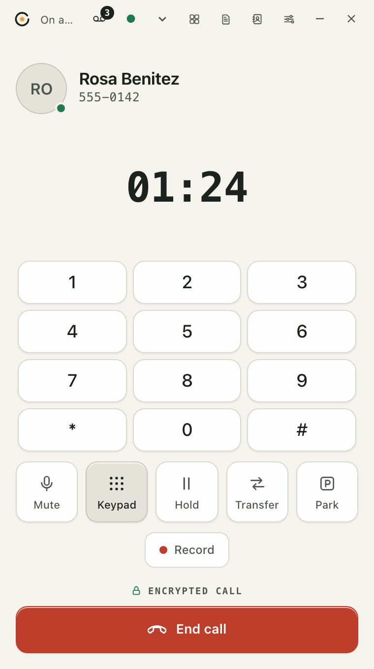 The keypad open during a call, above Mute, Keypad, Hold, Transfer and Park.