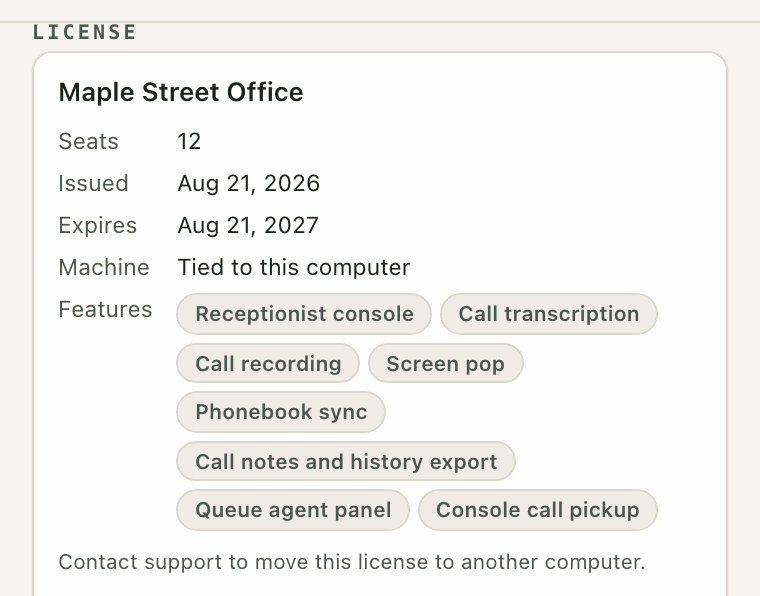 License details for a made up office: 12 seats, issue and expiry dates, and the Premium features it includes.