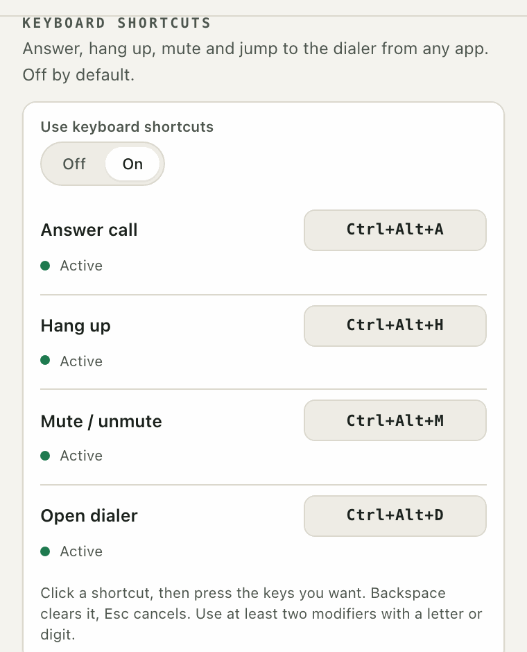 Keyboard shortcut settings: answer call, hang up, mute and open dialer, each with its key combination.