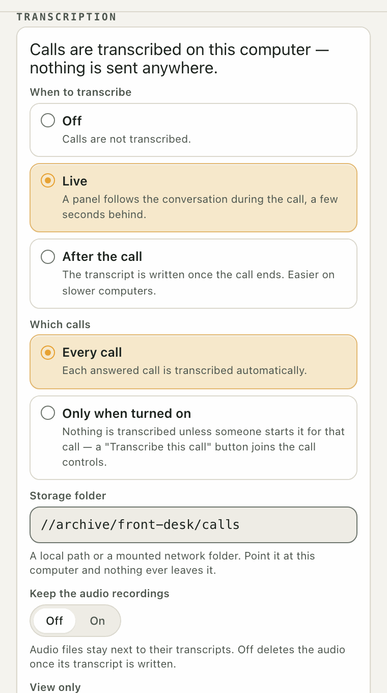 Transcription settings: when to transcribe, which calls, the storage folder and whether to keep the audio.