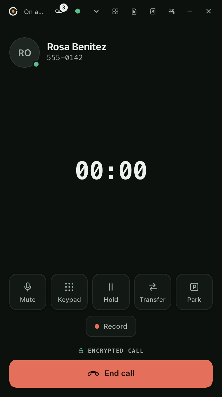 The same call after answering: Rosa Benitez and her number, the timer at 00:00, Mute, Keypad, Hold, Transfer, Park and Record, and an Encrypted call label.