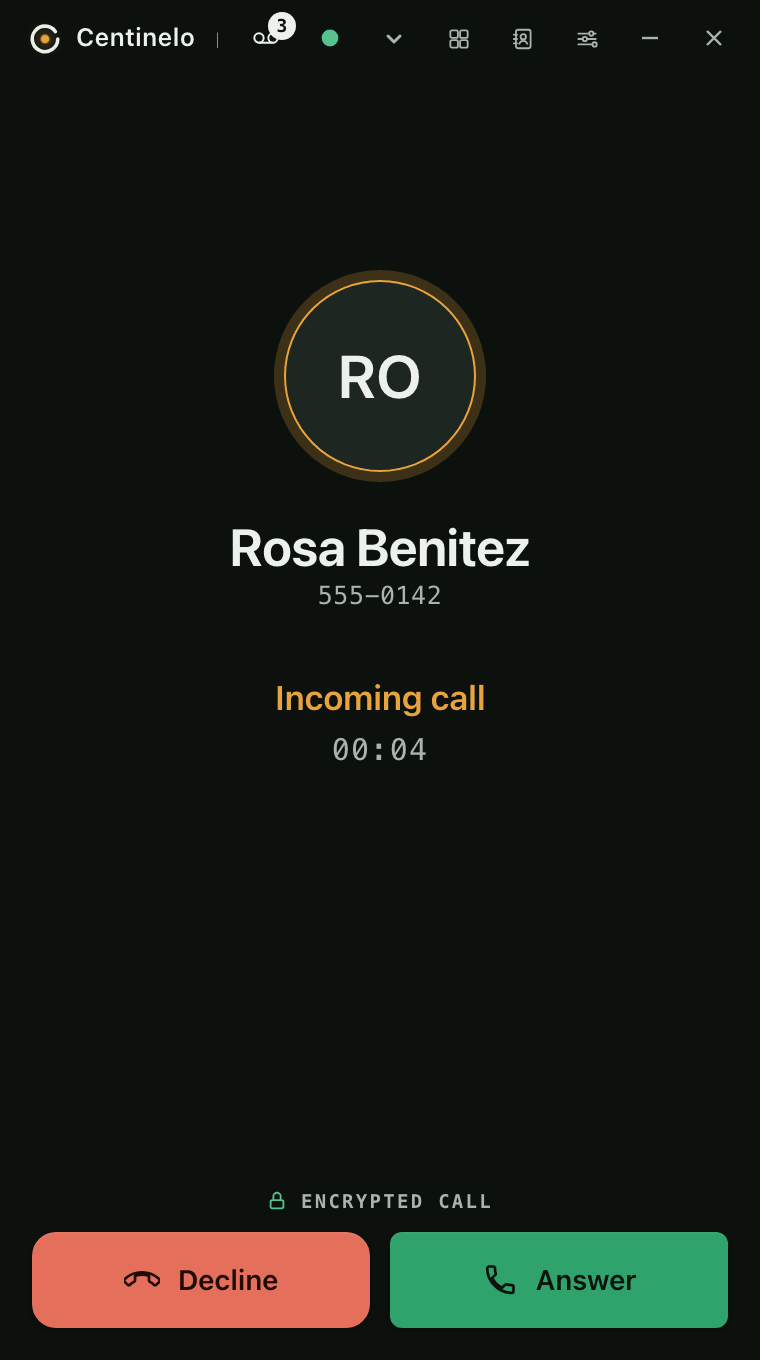 Centinelo Phone with an incoming call from Rosa Benitez, a saved contact, at 555-0142: her initials ringed in amber, the words Incoming call over a ring counter, and Decline and Answer buttons.