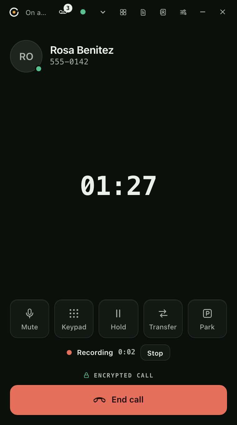 The call a few seconds later, with a Recording 0:02 indicator and a Stop button above the Encrypted call label.