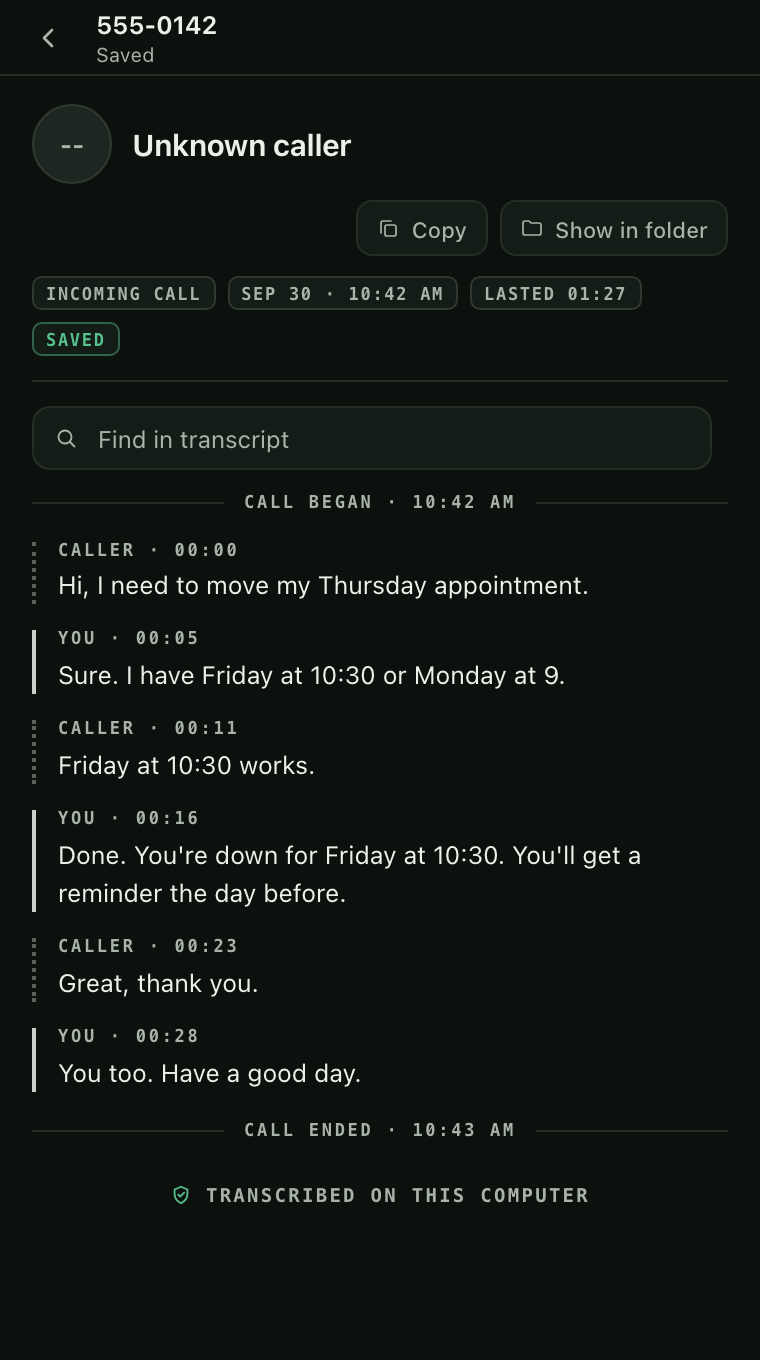 A saved transcript in Centinelo Phone. Each line is labeled Caller or You with its time, from Call began at 10:42 to Call ended at 10:43, and the footer reads Transcribed on this computer.