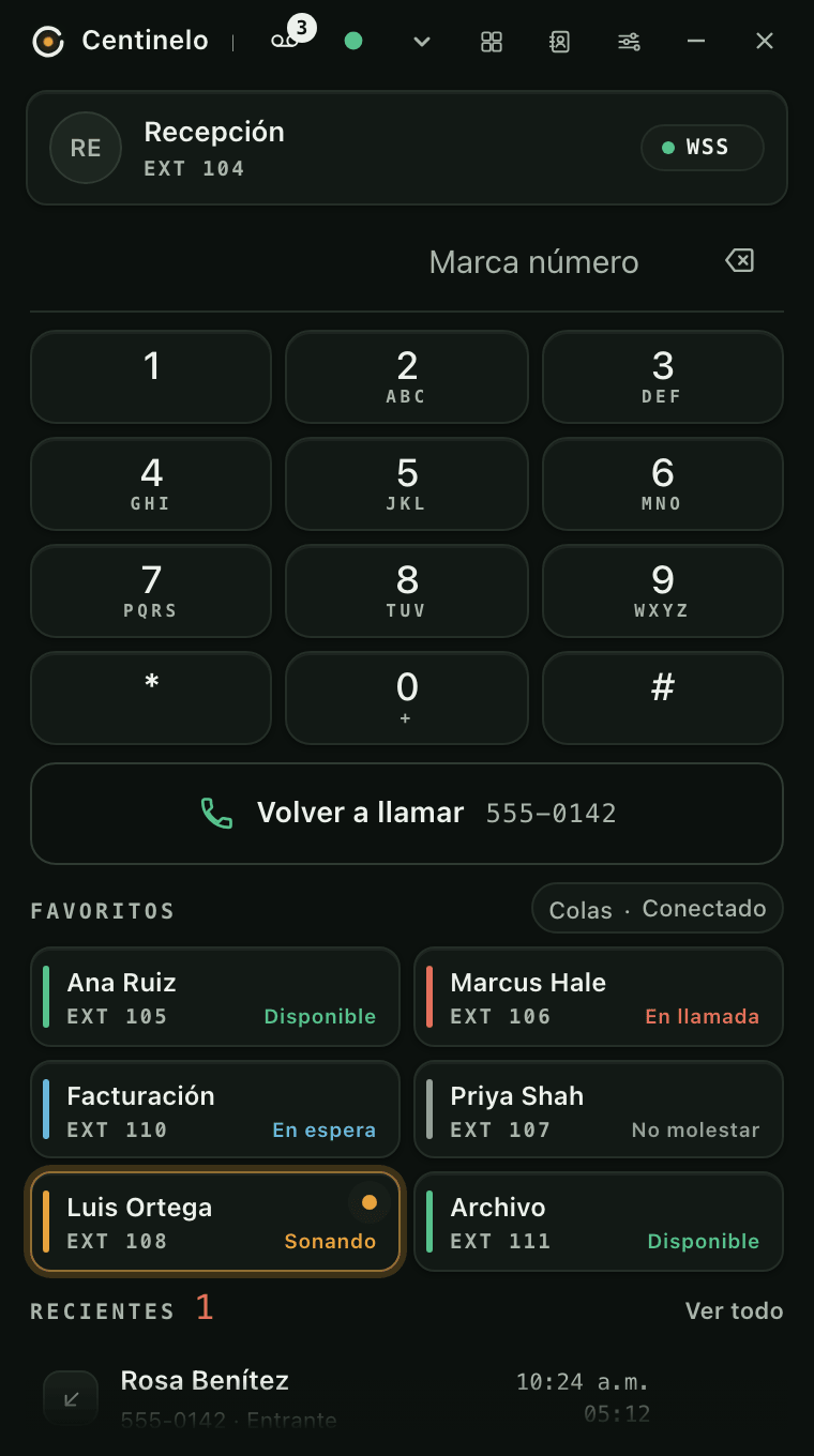 Centinelo Phone entre llamadas: tu extensión, un aviso de buzón, el teclado, una barra Volver a llamar con el último número, favoritos con el estado de cada compañero y uno sonando, y llamadas recientes con nombres de contactos.