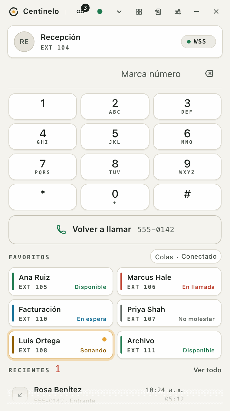 El marcador en tema claro: teclado, la barra Volver a llamar, favoritos con el estado de cada persona y llamadas recientes.