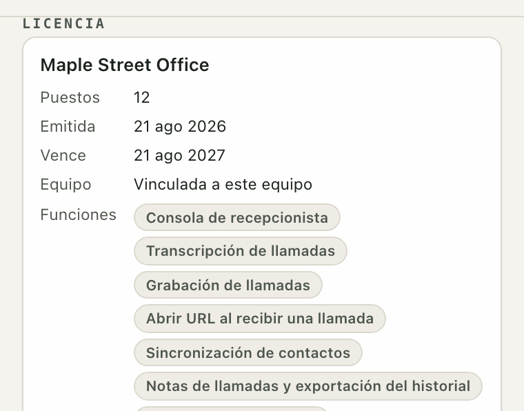 Detalles de la licencia de una oficina inventada: 12 puestos, fechas de emisión y vencimiento, y las funciones Premium que incluye.