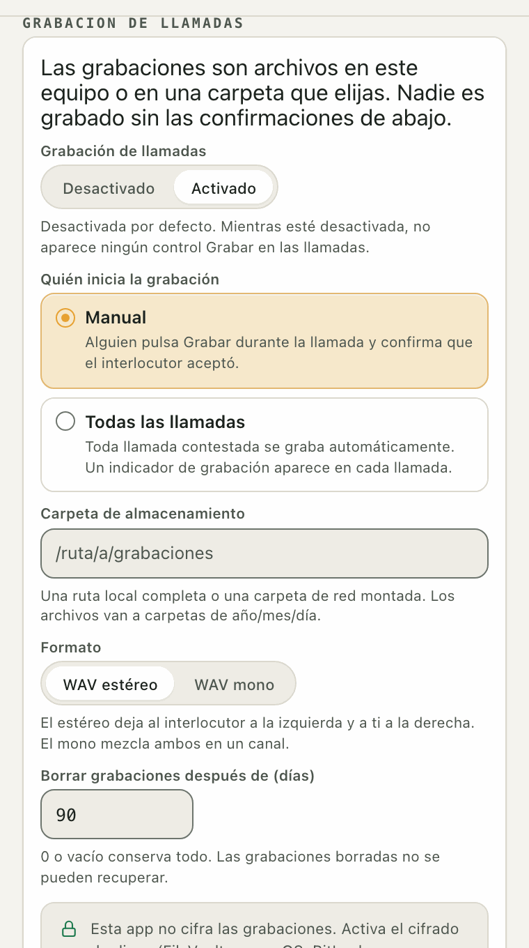Ajustes de grabación: apagada de fábrica, quién inicia una grabación, la carpeta donde se guardan y el formato.