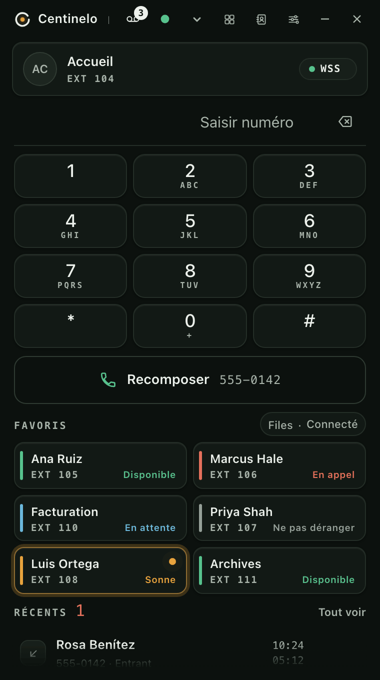 Centinelo Phone entre deux appels : votre poste, un badge de messagerie, le clavier, une barre Recomposer avec le dernier numéro, les favoris avec l'état de chaque collègue dont un qui sonne, et les appels récents avec les noms des contacts.