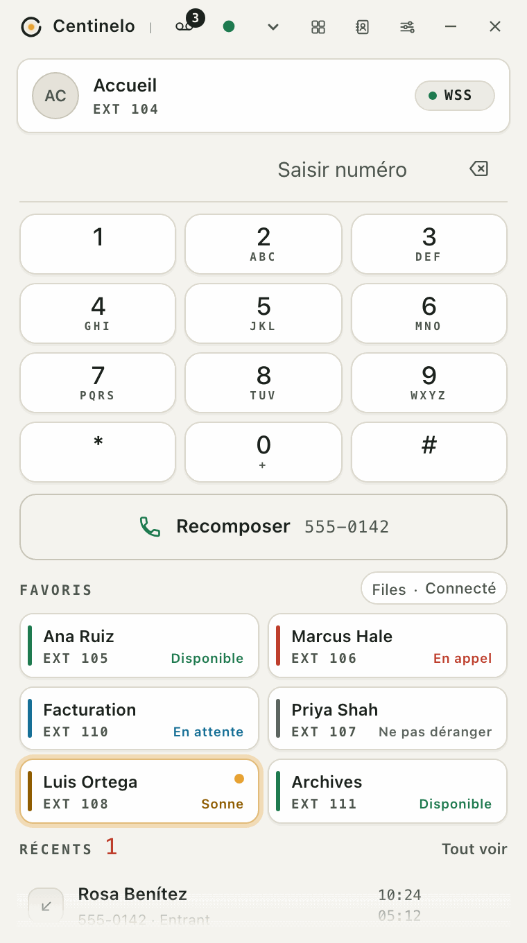 Le composeur en thème clair : clavier, la barre Recomposer, les favoris avec l'état de chacun et les appels récents.