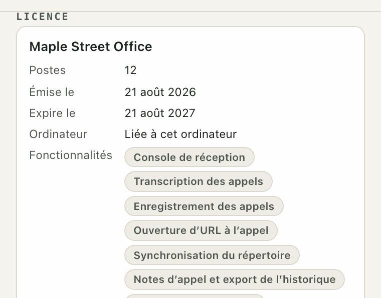 Détails de la licence d'un cabinet fictif : 12 postes, dates d'émission et d'expiration, et les fonctions Premium incluses.