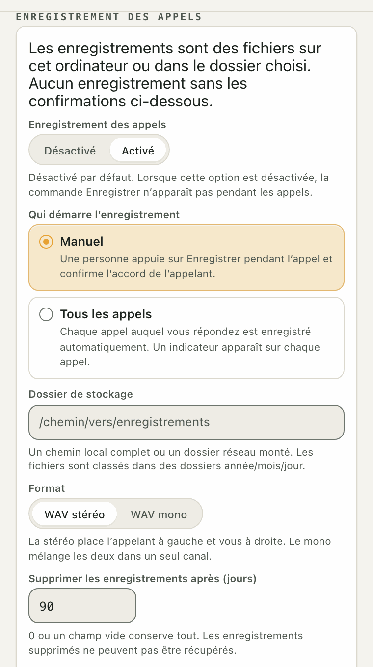 Réglages d'enregistrement des appels : désactivé par défaut, qui lance un enregistrement, le dossier où les fichiers sont rangés et le format.