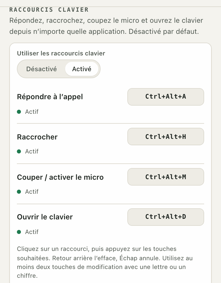 Réglages des raccourcis clavier : répondre, raccrocher, couper le micro et ouvrir le numéroteur, chacun avec sa combinaison de touches.
