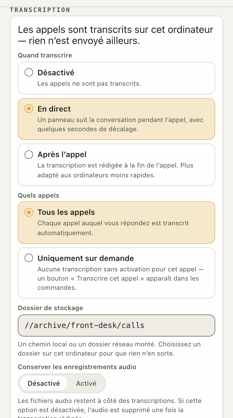 Réglages de transcription : quand transcrire, quels appels, le dossier où les fichiers sont rangés et si l'audio est conservé.