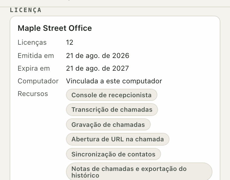 Detalhes da licença de um consultório fictício: 12 licenças, datas de emissão e validade, e os recursos Premium incluídos.