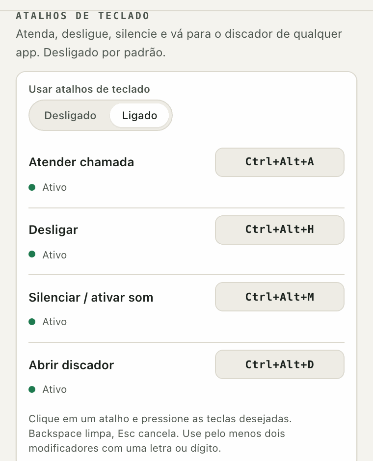 Configurações de atalhos de teclado: atender chamada, desligar, silenciar e abrir o discador, cada um com sua combinação de teclas.